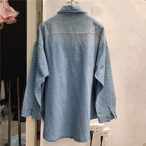 Camicette da <span class=keywords><strong>donna</strong></span> in denim con strass e lavorazione artigianale, modello 2026, alla moda, larghe, di media lunghezza, <span class=keywords><strong>oversize</strong></span> - Product Image 2