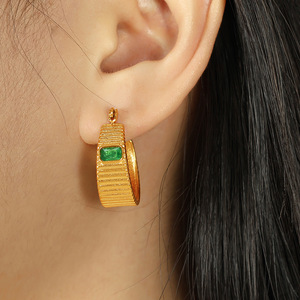 Hoop Earrings Gold Plated <b>Titanium</b> Steel Green White Glass Bezel Setting Everyday Wear Geometric Design EH154 - Product Image 4