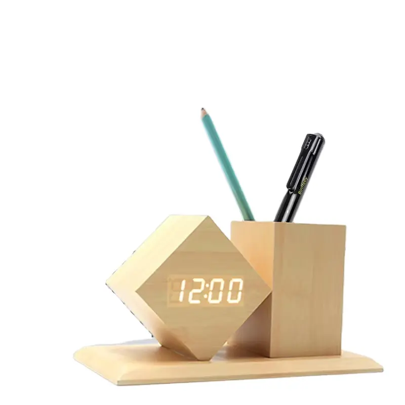 새로운 선물 창조적 인 펜 홀더 나무 음성 활성화 LED 디지털 어린이 탁상 시계 탁상 시계