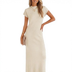 Robe longue en tricot simple avec col montant et manches courtes, coupe ajustée, couleur unie, décontractée, pour tous les jours, toutes saisons - Product Image 3