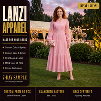 Gaun Maxi Wanita Kasual Musim Gugur Model V-Neck dengan Detail Eyelet, Rok Bertingkat, Lengan Panjang, 100% Viscose, Dapat Dicuci, Produsen OEM ODM