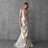 Robe de soirée sirène en satin champagne à une épaule, avec bretelles perlées, col drapé et corset, pour fêtes, fournisseur personnalisé, vente en gros