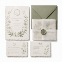 Suite d'invitations de mariage personnalisées en typographie botanique avec bord festonné, papier vélin, sceau de cire et cartes RSVP pour mariages en plein air