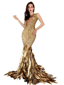 Abito da Sera da Donna <span class=keywords><strong>di</strong></span> Alta Qualità con Strass Scintillanti e Piume Dorate per Feste - Product Image 5