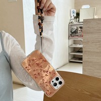 Étui de téléphone mignon avec nœud argenté et dragonne noire pour iPhone 17 Pro Max, coque de téléphone vintage à motif floral avec chaîne perlée léopard