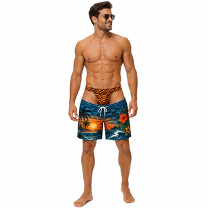 Traje de Baño con Ilusión Óptica para Hombre, Diseño de Tanga, Estampado Floral Tropical con Atardecer en el Océano, Secado Rápido, Shorts para Playa y Fiestas - Product Image 2