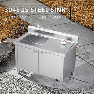Factory Price 304SUS Stainless Steel Single Bowl Four Holes <b>Outdoor</b> Kitchen <b>Sink</b> Integrated Cabinet Type Floor <b>Sink</b> with Faucets - Product Image 2