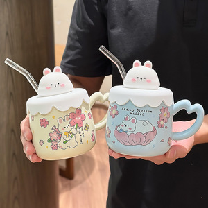 Cherry Blossom Rabbit Mug With Lid And Straw <b>Pink</b> Cartoon Design For Home Office Gift Spring 2025 - Product Image 2