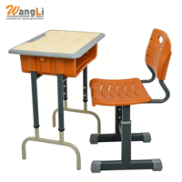Chaise de bureau scolaire moderne en bois avec porte-stylo, pieds antidérapants, cadre orange, mobilier de classe réglable pour activités artistiques