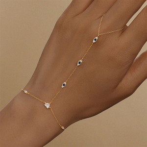 Bracelet chaîne en argent sterling S925 plaqué or 18 carats avec zircon bleu œil mystique et zircon marquise en forme de cœur - Product Image 5
