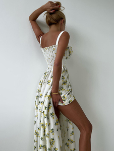 Maxi abito 2025 in puro cotone con spacco personalizzato prendisole regolabile all'americana abbigliamento da Resort floreale per abiti <span class=keywords><strong>Vintage</strong></span> stampati <span class=keywords><strong>Boutique</strong></span> - Product Image 4