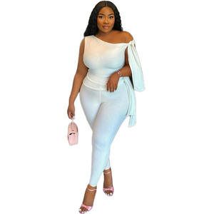 ชุดเสื้อผ้า2ชิ้นสำหรับฤดูใบไม้ร่วงเลกกิ้งเปิดไหล่ข้างเดียวแขนกุดลำลองทรงสกินนี่และกางเกงขายาวสีพื้น - Product Image 1