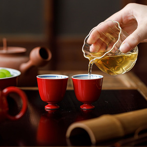 Guanlan Hand Painted Double Line Small <b>Teacup</b> Red Glaze Porcelain Traditional Chinese Style Tea Tasting Cup Kung Fu Tea Set - Product Image 2