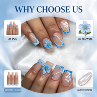 Vente en gros de faux ongles 3D à motifs floraux, bleus, à bout français, courts, carrés, avec centre doré, pour femmes, manucure