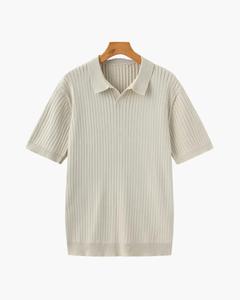 Polo de Punto Acanalado de Lujo Estilo Old Money para Hombre, 100% Algodón, Cuello <span class=keywords><strong>Johnny</strong></span>, Camiseta de Punto, Top Casual Vintage de Verano, Suéter OEM para Hombre - Product Image 2