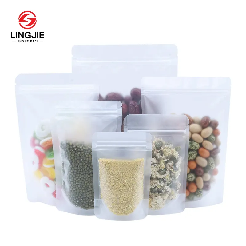 Lingjie Resealable Stand Up Bags Matte Clear Zipper Lock Heat Seal Pouch Bag With Tear Notch For Zip Food Storage Lock Packing