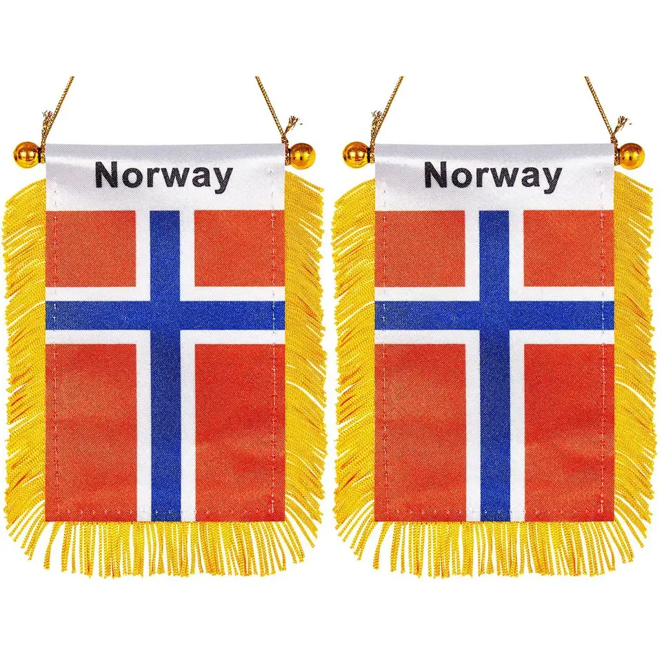 Personalizado Noruega 2023 poliéster satén promoción coche vista trasera Noruega Mini coche bandera Banner con borlas