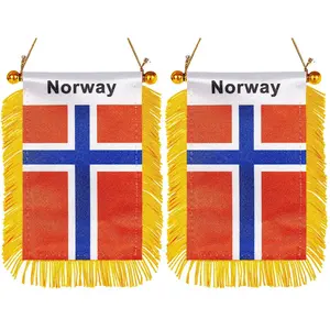 Personalizado Noruega 2023 poliéster cetim promoção carro retrovisor Noruega Mini Bandeira Do Carro Banner com borlas