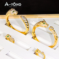 Ensemble de bijoux en zircon en forme de panthère très vendu, bracelet et bague plaqués or pour femmes, bracelet tête de léopard