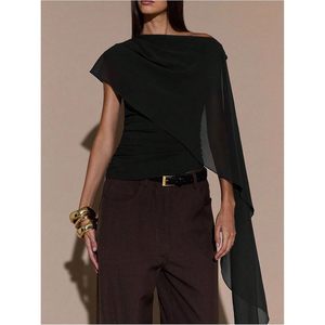 FOXA Women's Ruched Cape <b>One</b> Shoulder Short Sleeve Asymmetrical Neck Fitted Crop <b>Top</b> 100% Polyester - Product Image 3