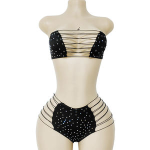 Bikini 2 pièces pour femme avec haut bandeau orné de strass et short <span class=keywords><strong>taille</strong></span> haute à découpes sexy, vente en gros personnalisée, tenue de carnaval, maillot de bain exotique - Product Image 4