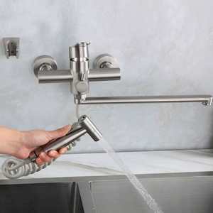 Wall Mounted Kitchen Faucet 304 Stainless Steel Single Handle Flexible <b>Spray</b> Modern <b>Style</b> With Booster Sprayer - Product Image 2