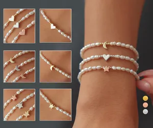 Pulsera clásica de perlas de agua dulce con corazón, <span class=keywords><strong>luna</strong></span>, estrella, encanto, oro, plata, oro rosa, cuentas de acero inoxidable, brazaletes Unisex elegantes - Product Image 4