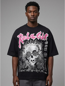 <span class=keywords><strong>T</strong></span>-<span class=keywords><strong>Shirt</strong></span> Oversize Hip Hop in Puro <span class=keywords><strong>Cotone</strong></span> con Stampa Multicolore di Fiamme e Stelle, Effetto Vissuto, Unisex per Uso Quotidiano - Product Image 1