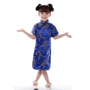 Chinese style girls cheongsam dress dragon and phoenix embossed kids traditional costume on sale