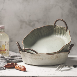 Household Retro Stoneware Double Rope Portable Ceramic Tableware White Plate - Product Image 1