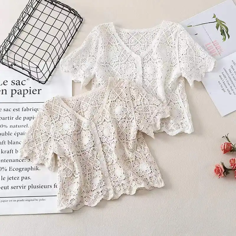 Women Summer Casual Blouse Shirt Lady Breathable Knitted Short Sleeve Lace Crop Tops Tee Cute Cardigan Blouse
