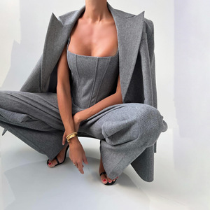 Setelan Wanita <span class=keywords><strong>3</strong></span> Potong: Blazer Lengan Panjang Elegan, Atasan Fishbone, Celana Panjang Lebar Pinggang Tinggi, Kasual Polos - Product Image 5