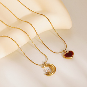 Kalung baja tahan karat berlapis emas antik mode kalung zirkon bulan hati Enamel kalung perhiasan berkelas - Product Image 3