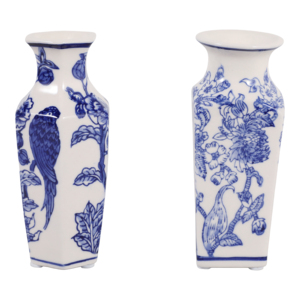 Vaso in ceramica Chinoiserie blu e bianco con disegno floreale e uccelli per decorare la casa, soggiorno e camera da letto - Product Image 3