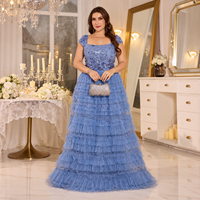Robes de Soirée Élégantes Bleu Poussière en Gros, Broderies Pailletées, Manches Courtes, Tulle Superposé, Robes de Bal et de Fête Grandes Tailles