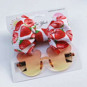 Boutique Hot Selling <strong>Baby</strong> Girl Bear Sunglassesses Fruit Printed <strong>Headband</strong> Set Summer Anut-Uv Big Bow Hair Accessories - Product Image 5