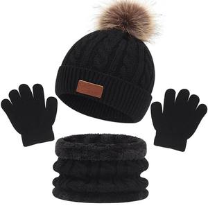 Ensemble bonnet, cache-cou et gants en laine tricotée doublée polaire pour bébés et jeunes enfants, avec pompon, pour filles et garçons - Product Image 4