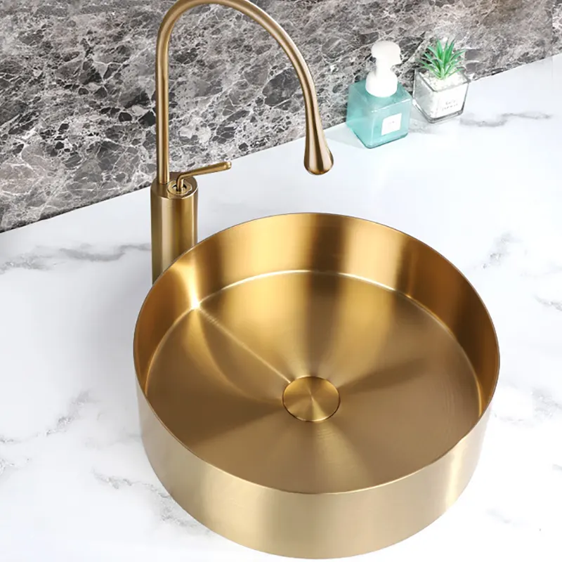 Lavabo de baño de acero inoxidable dorado de diseño moderno, lavabo redondo sobre encimera, lavabo