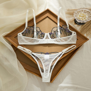 Luxury White Mesh <strong>Lingerie</strong> <strong>Set</strong> Elegant <strong>Purple</strong> Flower Embroidery Bra and Thong <strong>Set</strong> Ladies See Through Sexy Underwear - Product Image 5