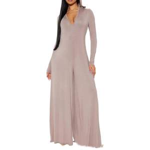 VOIKERDR จั๊มสูทผู้หญิงแบบชิ้นเดียวมีฮู้ดแขนยาวขากว้างชุดปาร์ตี้ผ้าถักระบายอากาศได้เอวกลาง - Product Image 3