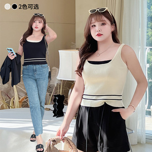 Chaleco de punto Runqi N8652 con bloques de color, talla grande para mujer, top sin mangas, beige con rayas y cuadros negros, tela de poliéster. - Product Image 2