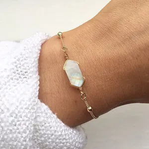 Dainty gold plated beaded chain adjustable bracelets rainbow moonstone gemstone bracelet