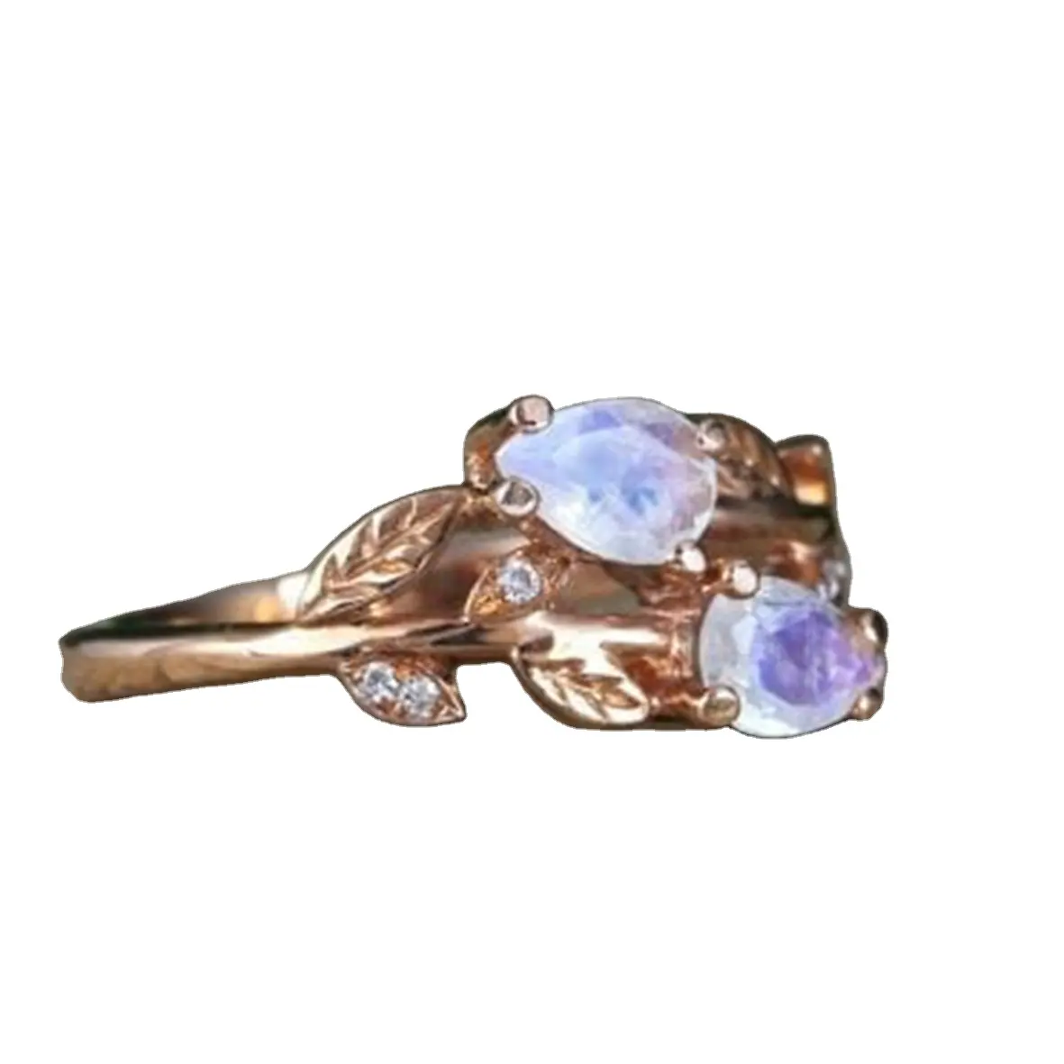Pear Cut Rainbow Moonstone Nature Inspired Ring Vintage Moonstone Engagement Ring in Rose Gold