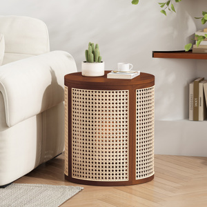 Round End Table Hollow Woven Rattan Wood Top Small Side Table For Living Room - Product Image 3
