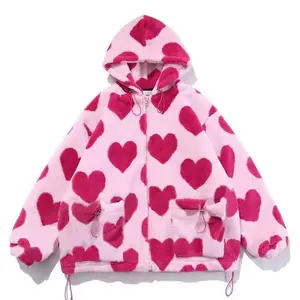 Custom All Over Logo Print Winter Coats Oversized Zip UP Warm Fleece Sherpa Jacket