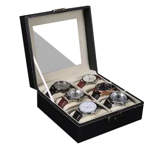Caja de reloj de 6 posiciones de doble fila Caja de almacenamiento de joyería de reloj negro de cuero PU