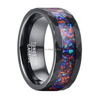 POYA Fashion 8mm Bague en tungstène martelé noir Incrustation d'opale colorée Bagues de promesse personnalisées pour lui et sa bague d'anniversaire