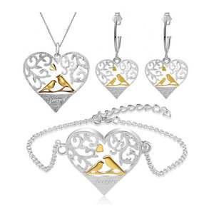 Vente en gros d'argent sterling 925 plaqué or 18 ct oiseau de <span class=keywords><strong>la</strong></span> <span class=keywords><strong>forêt</strong></span> amoureux ensemble de bijoux en forme de coeur pour les filles bague boucles d'oreilles collier cadeau - Product Image 1