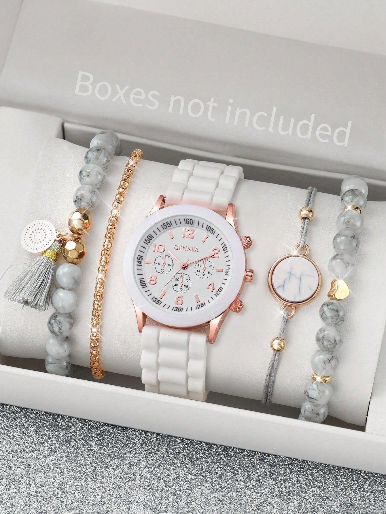Geneva White watch + Boho Stone Bracelet Set Matching Trendy Chic Everyday Style Geneva Platinum White & Silver Tone Rhinestones Ladies Watch  main image 3