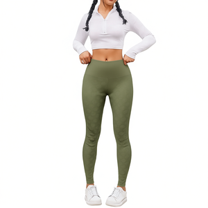 Women's High Waist Olive <b>Green</b> Solid Color Textured Seamless Yoga <b>Leggings</b> Full Length Spandex Fitness Wear LJ Brand H036-<b>Green</b> - Product Image 1